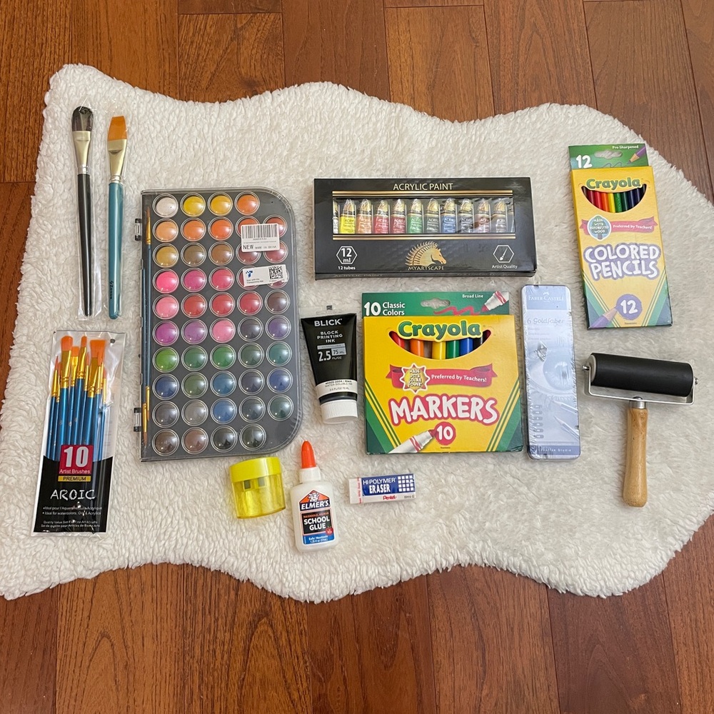 Assorted Art Supplies Set: acrylic paint, paint brushes, markers, pencils, etc..